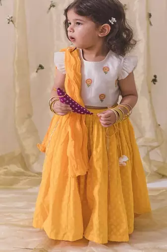 Yellow & white Plain chanderi silk  lehenga