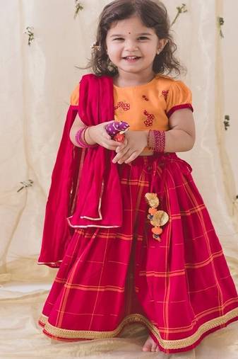 Pink & orange Plain cotton  lehenga