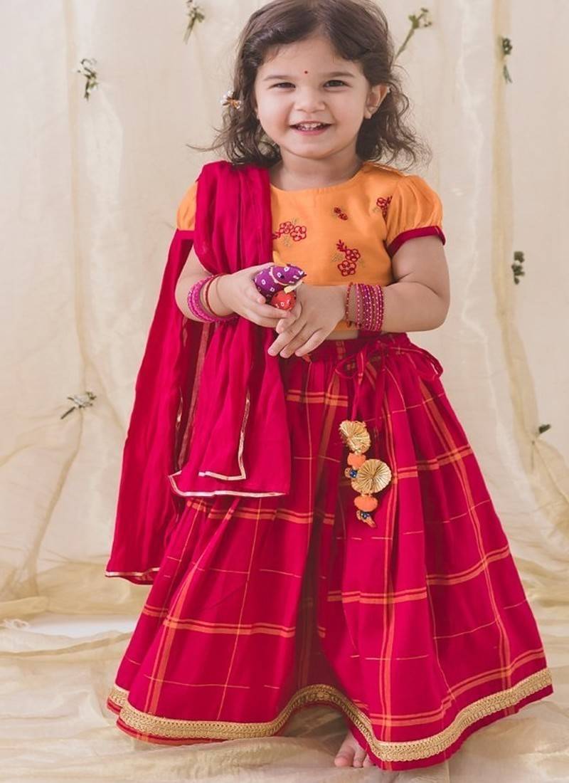 Pink & orange Plain cotton  lehenga