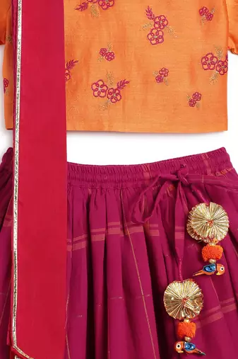 Pink & orange Plain cotton  lehenga
