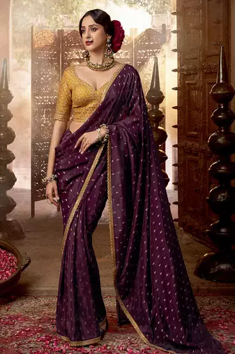 Purple pure viscose crepe hand dying and butti weaving with embroidered blouse saree with blouse