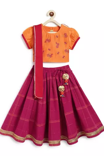 Pink & orange Plain cotton  lehenga