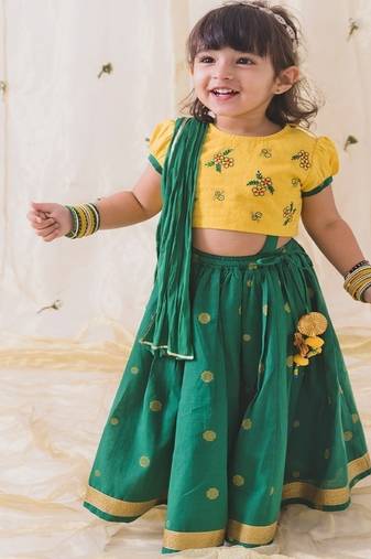 Green & yellow embroidered cotton  lehenga