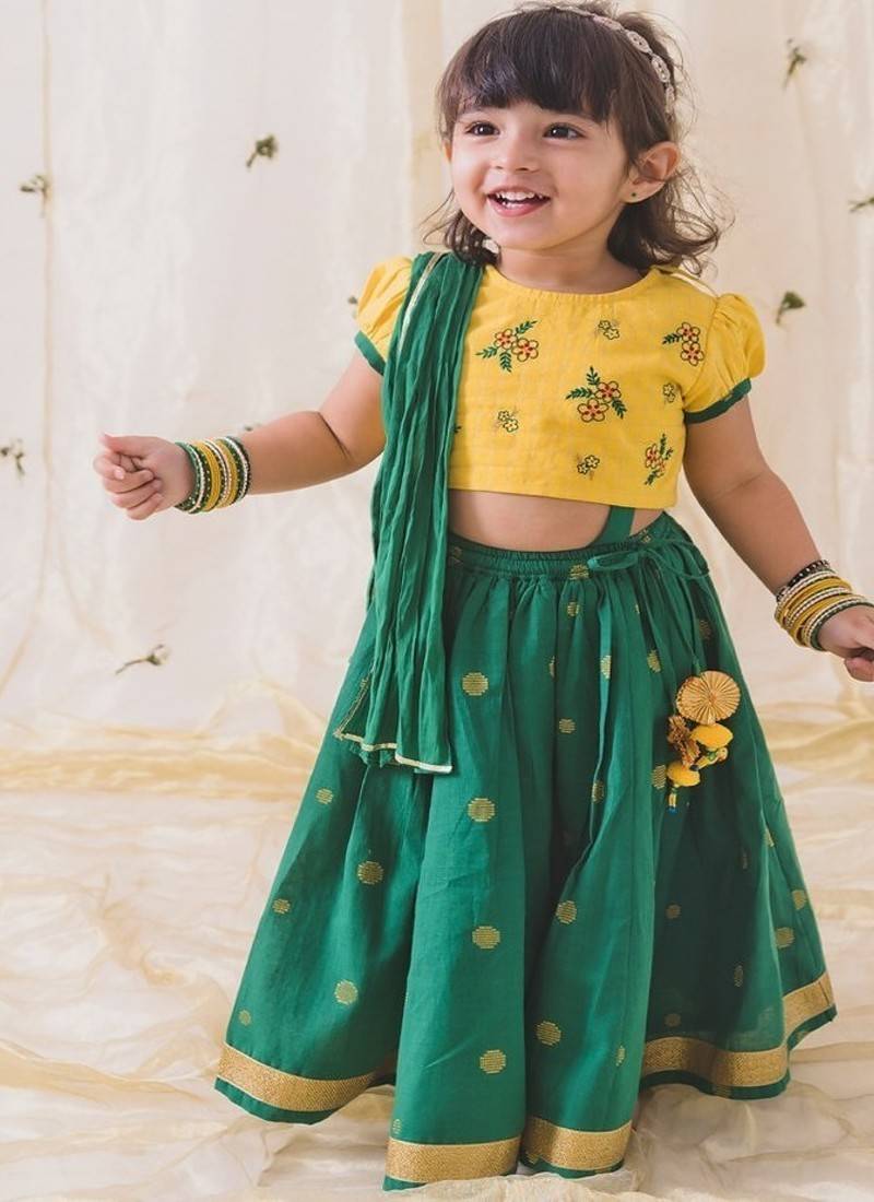 Green & yellow embroidered cotton  lehenga