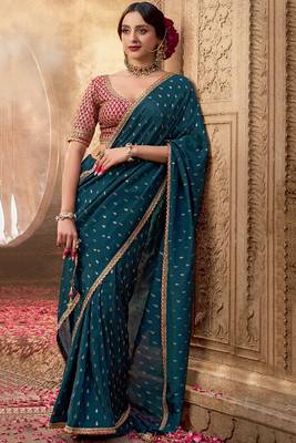 Teal viscose crepe hand dying and butti weaving with saree with embroidered blouse  1