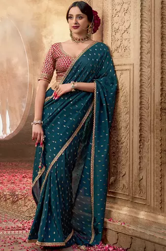 Teal  viscose crepe hand dying and butti weaving with saree with embroidered blouse 