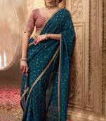 Teal  viscose crepe hand dying and butti weaving with saree with embroidered blouse 