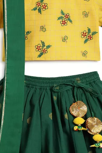 Green & yellow embroidered cotton  lehenga