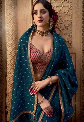 Teal viscose crepe hand dying and butti weaving with saree with embroidered blouse  2