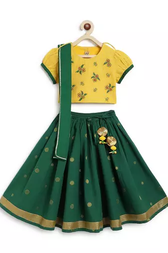 Green & yellow embroidered cotton  lehenga