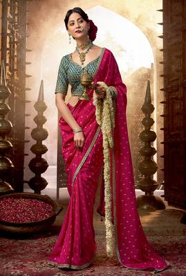 Rani pink  viscose crepe hand dying and butti weaving with saree with embroidered blouse  1