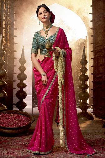 Rani pink  viscose crepe hand dying and butti weaving with saree with embroidered blouse 