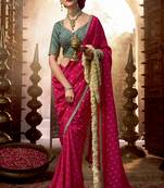 Rani pink  viscose crepe hand dying and butti weaving with saree with embroidered blouse 