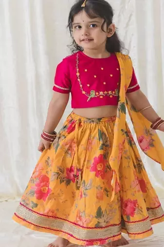 Yellow Printed chanderi silk  lehenga