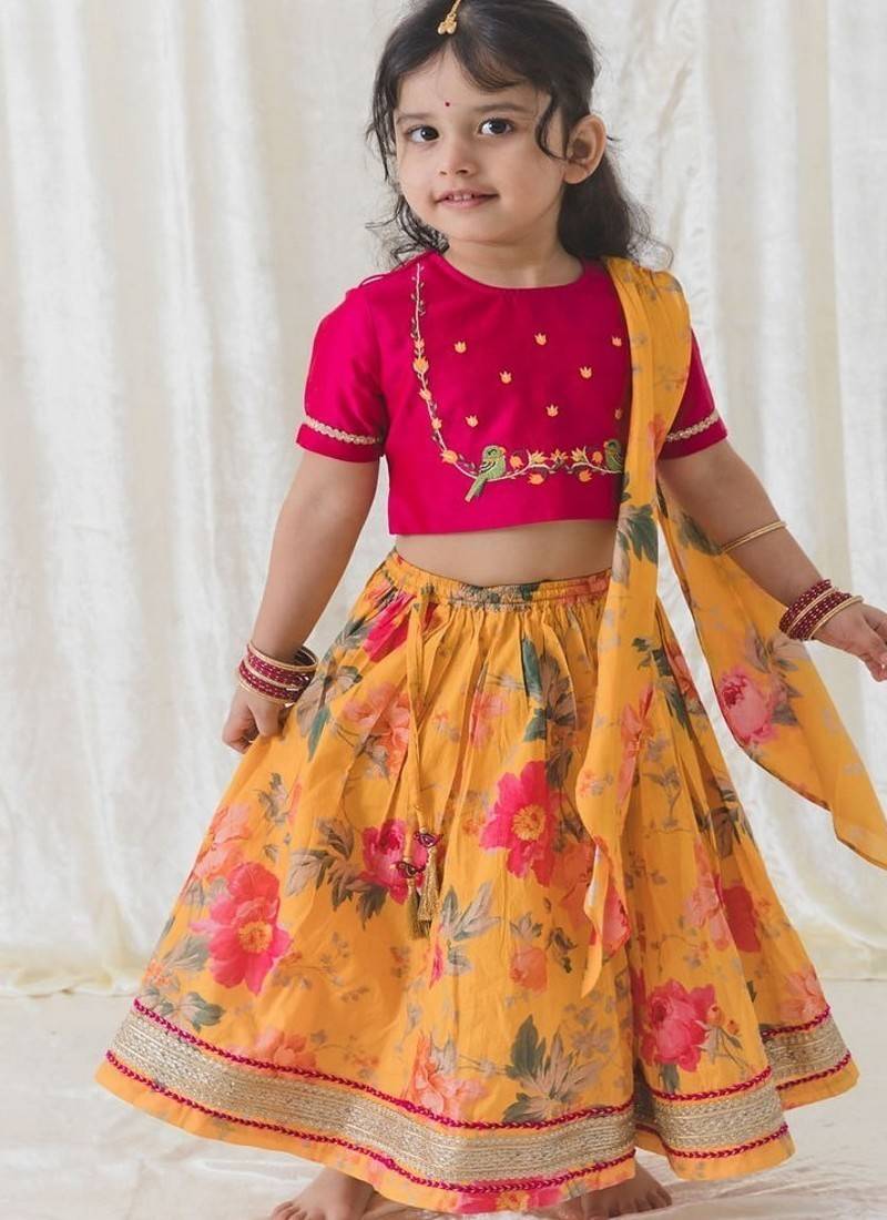 Yellow Printed chanderi silk  lehenga