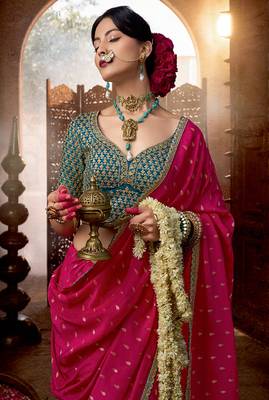Rani pink  viscose crepe hand dying and butti weaving with saree with embroidered blouse  2