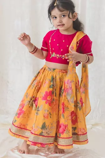 Yellow Printed chanderi silk  lehenga