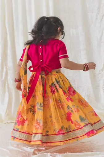 Yellow Printed chanderi silk  lehenga