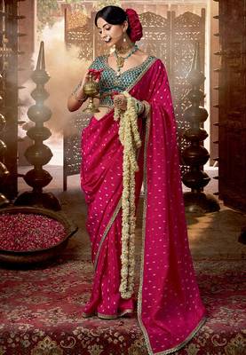 Rani pink  viscose crepe hand dying and butti weaving with saree with embroidered blouse  3