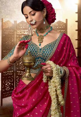 Rani pink  viscose crepe hand dying and butti weaving with saree with embroidered blouse  4