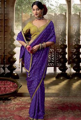 Violet viscose crepe hand dying and butti weaving with saree with embroidered blouse 1
