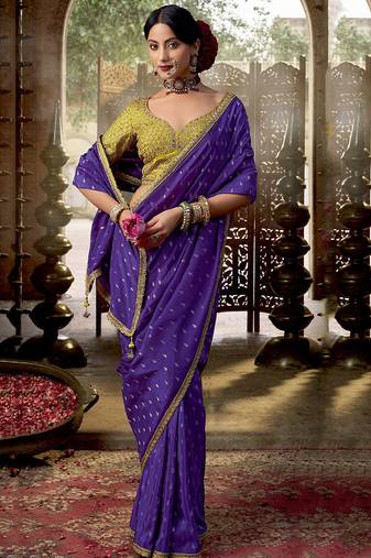 Violet  viscose crepe hand dying and butti weaving with saree with embroidered blouse 