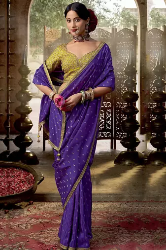 Violet  viscose crepe hand dying and butti weaving with saree with embroidered blouse 