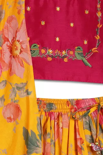 Yellow Printed chanderi silk  lehenga