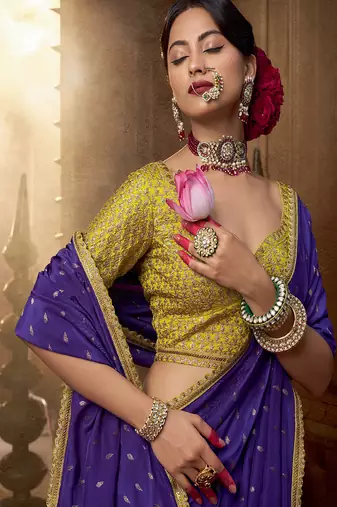 Violet viscose crepe hand dying and butti weaving with saree with embroidered blouse 