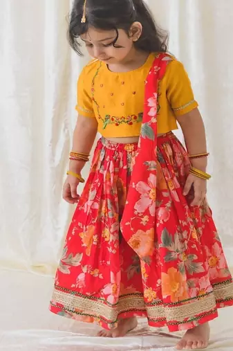 Red embroidered chanderi silk  lehenga