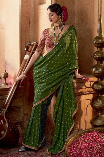 Mehendi  viscose crepe hand dying and butti weaving with saree with embroidered blouse 