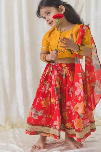 Red embroidered chanderi silk  lehenga