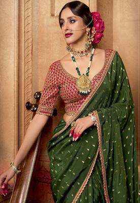 Mehendi  viscose crepe hand dying and butti weaving with saree with embroidered blouse  2