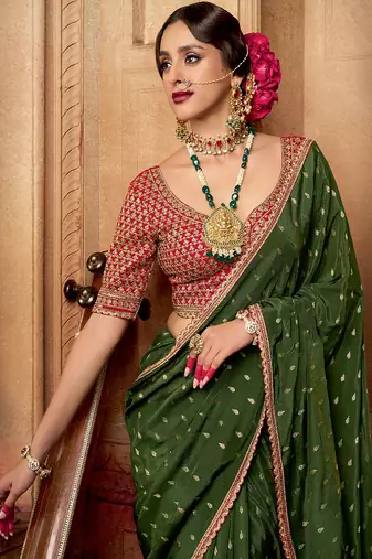 Mehendi  viscose crepe hand dying and butti weaving with saree with embroidered blouse 