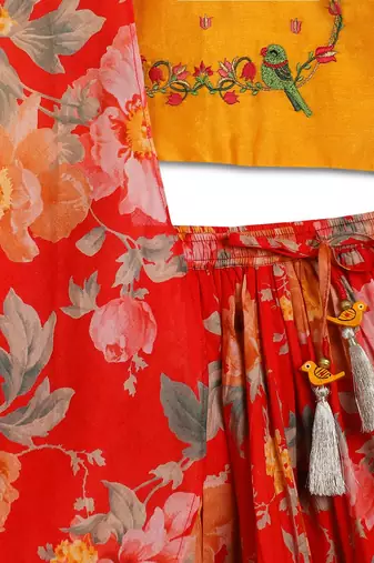 Red embroidered chanderi silk  lehenga