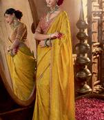 Mustard  viscose crepe hand dying and butti weaving with saree with embroidered blouse 