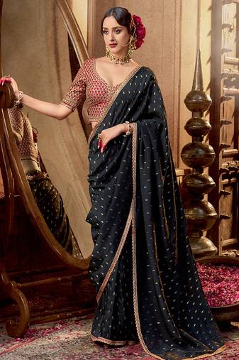 Black  viscose crepe hand dying and butti weaving with saree with embroidered blouse 