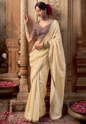 Cream  viscose crepe hand dying and butti weaving with saree with embroidered blouse  1