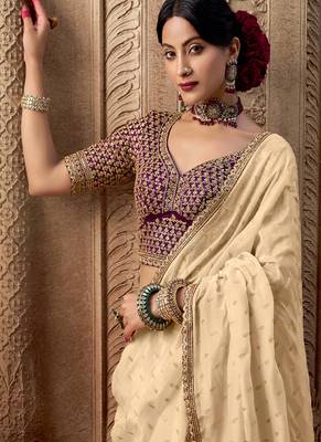 Cream  viscose crepe hand dying and butti weaving with saree with embroidered blouse  2