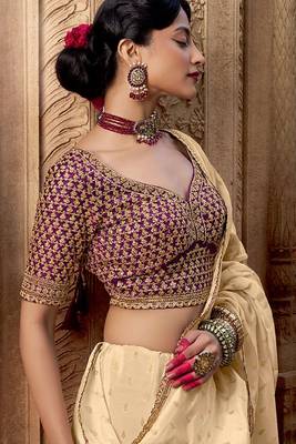Cream  viscose crepe hand dying and butti weaving with saree with embroidered blouse  3