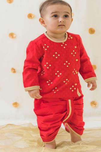 Red embroidered cotton  kurta Dhoti