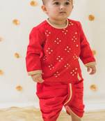 Red embroidered cotton  kurta Dhoti