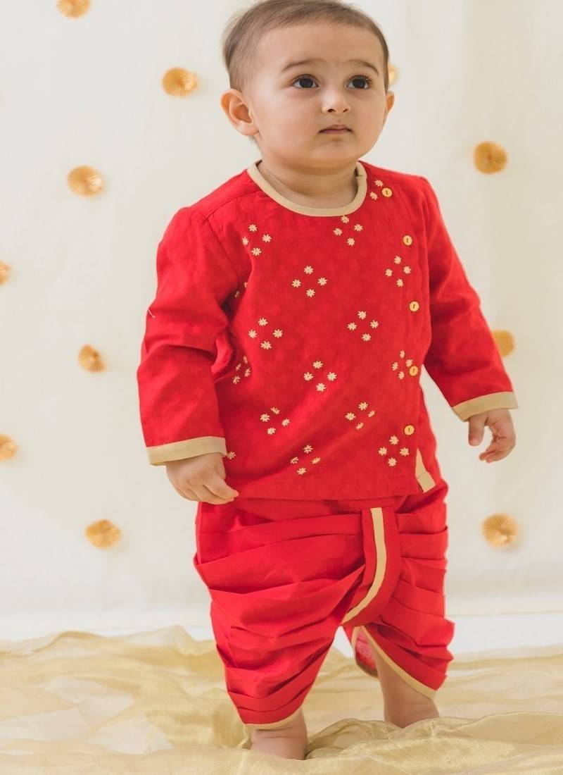 Red embroidered cotton  kurta Dhoti