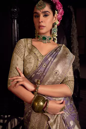 Lavender pure viscose tissue woven with hand work saree with embroidery blouse saree with blouse