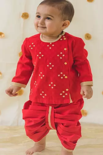 Red embroidered cotton  kurta Dhoti