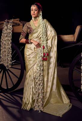 Cream viscose tissue woven with hand work saree with embroidery blouse saree with blouse 1