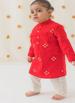 Red embroidered cotton  kurta pyjama 1