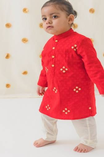 Red embroidered cotton  kurta pyjama