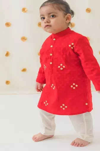 Red embroidered cotton  kurta pyjama
