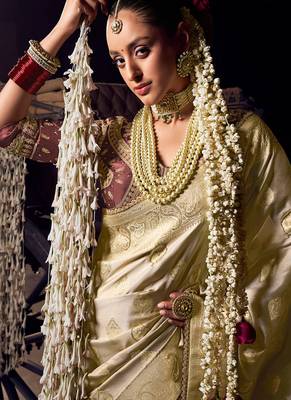 Cream viscose tissue woven with hand work saree with embroidery blouse saree with blouse 2